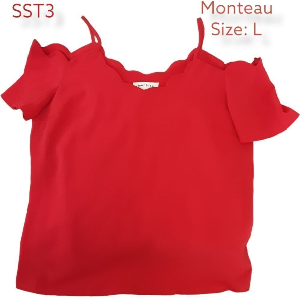 Fabulous Monteau, Solid Red Scalloped, Cold Shoulder Blouse, Sz Large